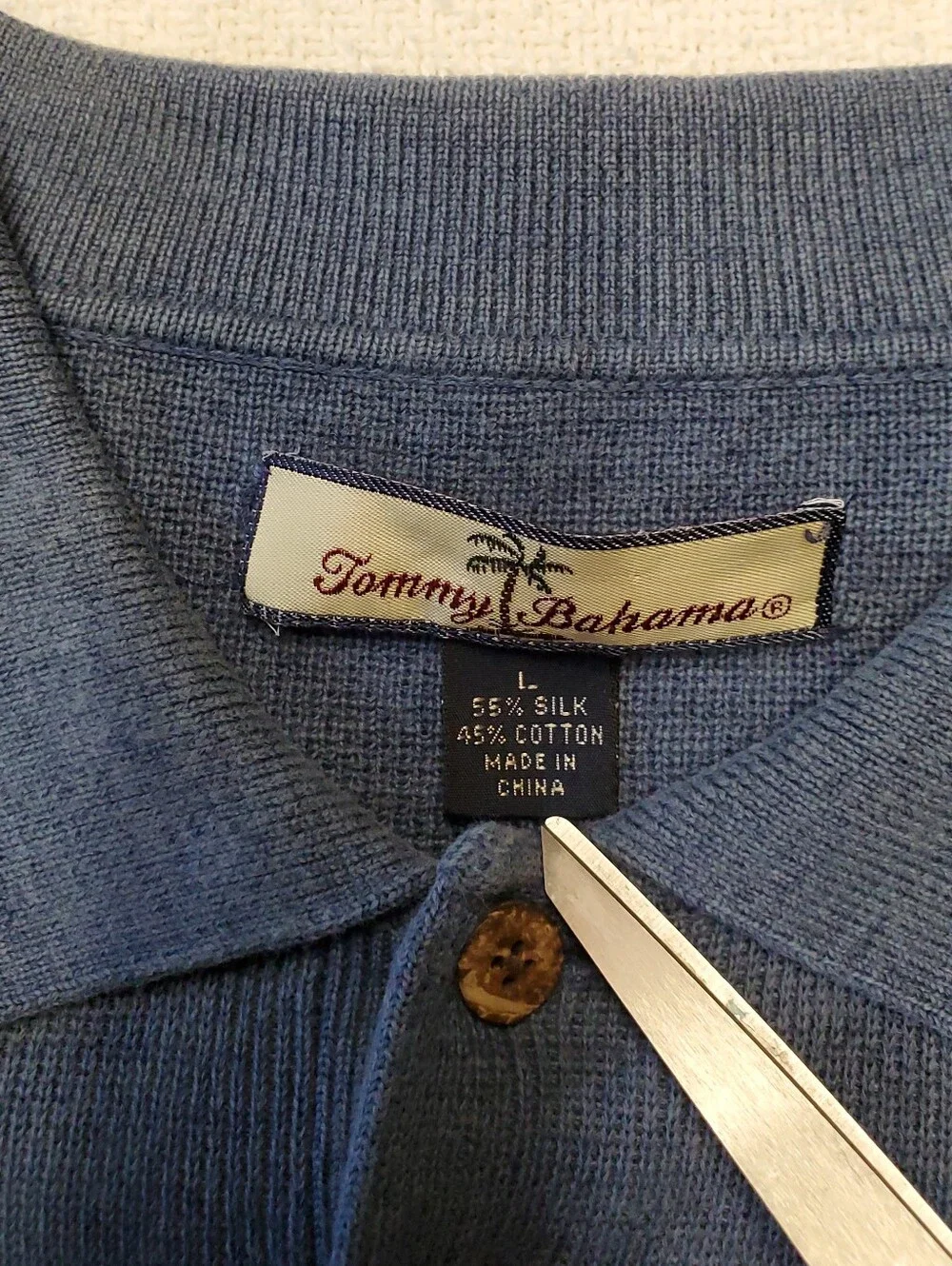 Tommy Bahama Men's L Long Sleeve Knit Polo Sweater Blue Silk Cotton Blend